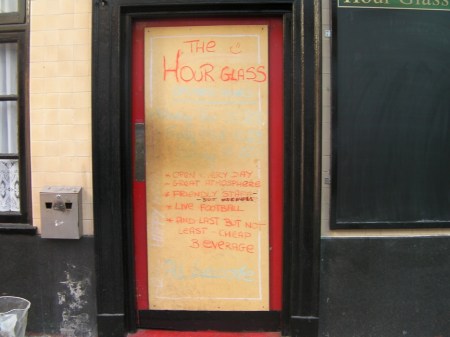 Front door of the Hour Glass Pub