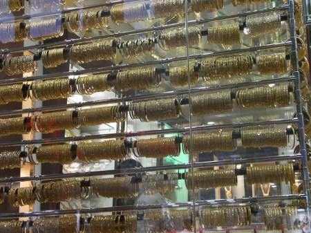 jewellry store window full of golden bracelets, Deira gold souk, Dubai