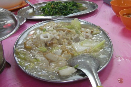 egg flower, chicken, squid, noodle dish