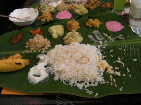 Yum banana leaf with rice and various sauces