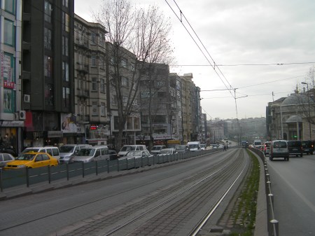 tram tracks down the center of the street