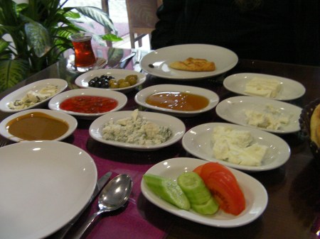 Full Turkish Breakfast 10 bowls of various cheese, butter, sauces, vegetables