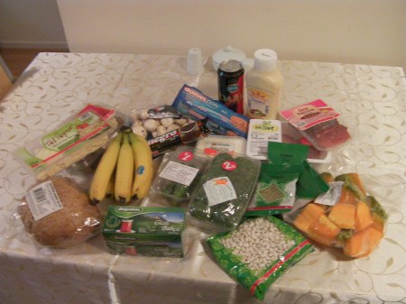 Groceries 2 bananas, bread, cheese, cucumbers, squash, pastrami, mayonaise, tuna, beer, cookies, mushrooms, spices, beans, meat, broccoli