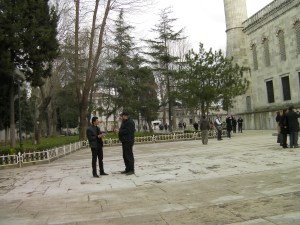 men standing outside the Blue Mosque