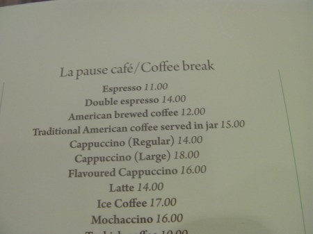 menu listing coffee options