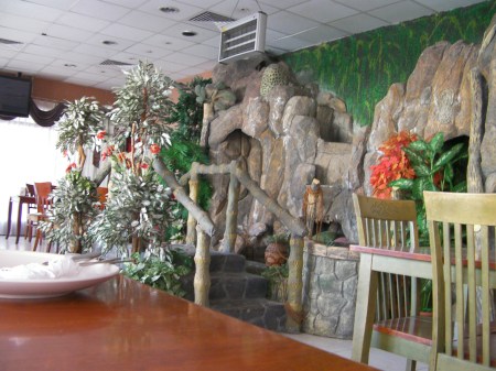 indoor fake waterfall and pond