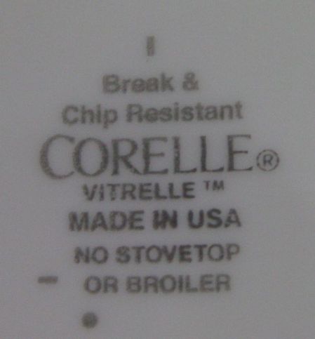 text from bottom of a Corelle plate stating Made in USA