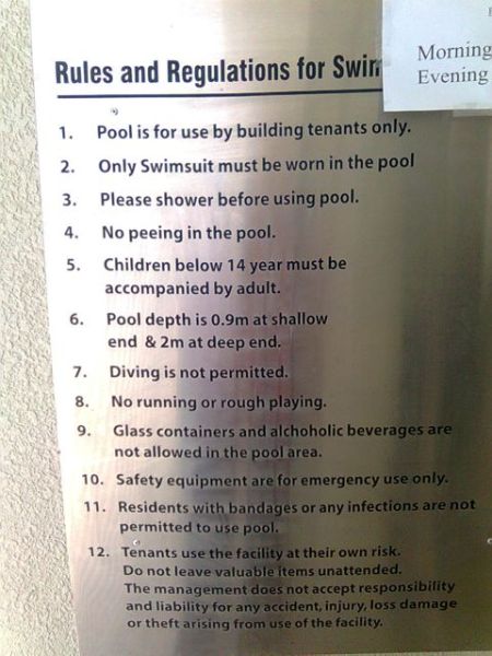 Pool Rules swimming pool rules including "no peeing in the pool"