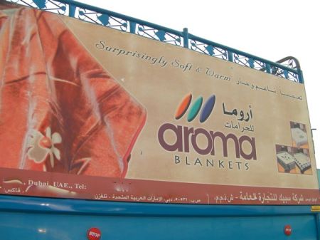 sign on a truck advertizing aroma blankets