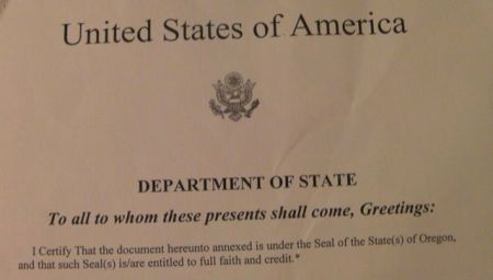 US Department of State heading of the U.S. attestation document stating to all to whom these presents shall come, greetings