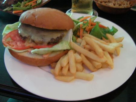 salad, fries, and a burger