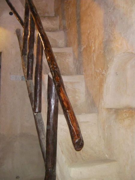 very narrow stairs with a lodge pole handrail