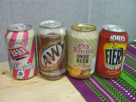 Barr cream soda, A & W root beer, Old Jamaica ginger beer, Idris fiery ginger beer