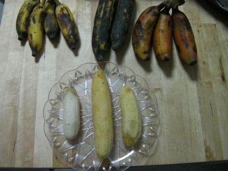 Bananas three bunches plus one peeled of each type