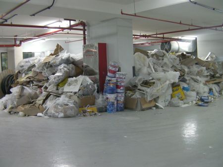 mound of garbage in the parking garage