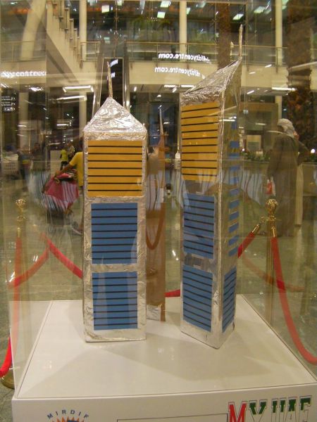 sculpture of the Emirates Towers made of aluminum foil