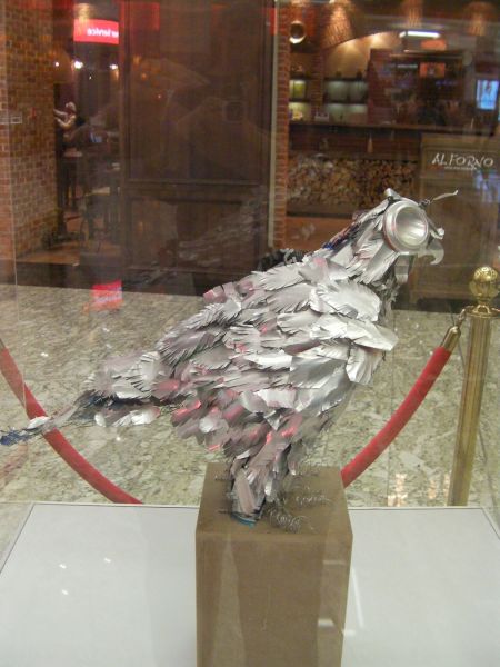 falcon made of cut soda cans