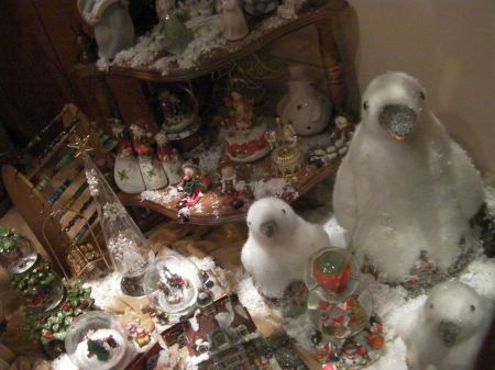 Snowy Penguins store window display with white penguins