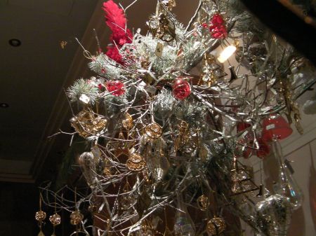 Decorations store window display of tree ornaments
