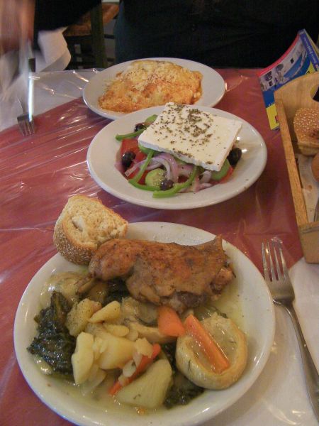 First Greek Dinner canaloni, Greek salad, chicken, artichoke hearts