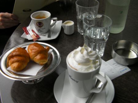 espresso, hot chocolate and two small cresents