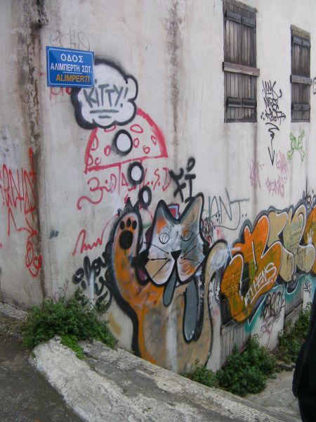 Street Art - Kitty graffiti depicting a cat with a thought bubble that says kitty!