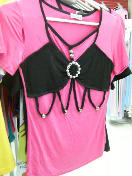 T-Shirt 2 pink t-shirt with sewn on black bra and fringe
