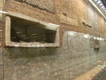 showcase wall showing excavated levels and graves