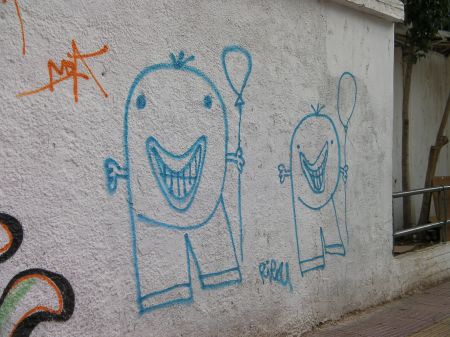 graffiti - two big headed smiley guys with balloons