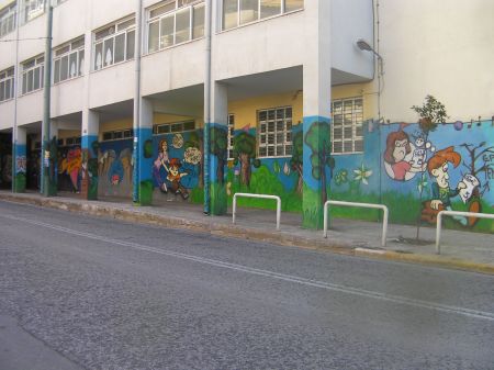 school covered in decorative graffiti