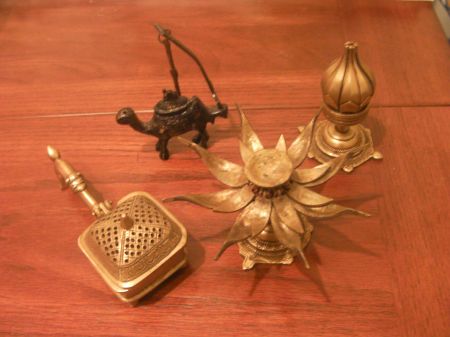 Lamps and Incense metal incense burner, small camel shaped oil lamp, two flower shaped