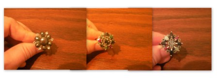 Rings three rings, one with 7 black pearls, two with onyx, emerald, ruby