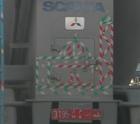 close up of the tape on the truck outlining the shape of a mosque