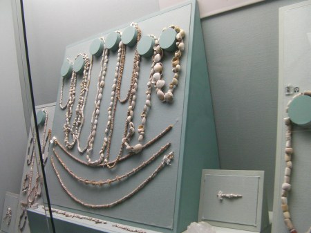 showcase displaying ancient shell jewellery