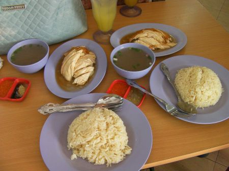 Chicken Rice two servings each of rice, sliced chicken breast, soup, hot sauce