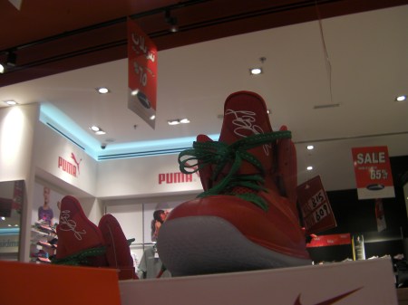 Santa Nike nike hightops, bright red with green laces
