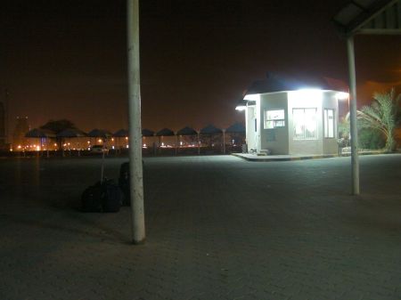 night time, parking lot and kiosk 