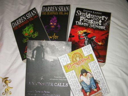 Books Two Demonata series books by Darren Shan, Skulduggery Pleasant: Death Bringer by Derek Landy, Death Note vol. 2, A Monster Calls by Patrick Ness