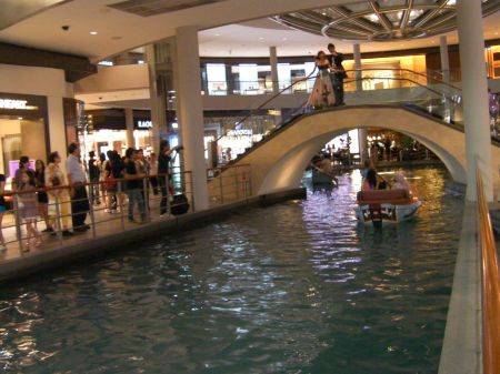 indoor canal with gondola boats