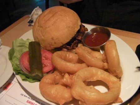 burger and onion rings