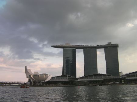 three towers with a structure across the top connecting them