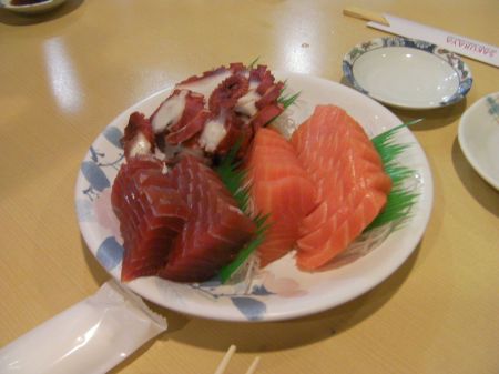 Sashimi plate of salmon, tuna, and octopus sashimi