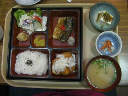 Set Meal mackerel, breaded chicken, breaded cuttlefish, rice, salad