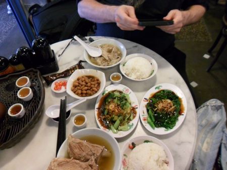 pork rib soup, pork stomach soup, rice, greens, peanuts
