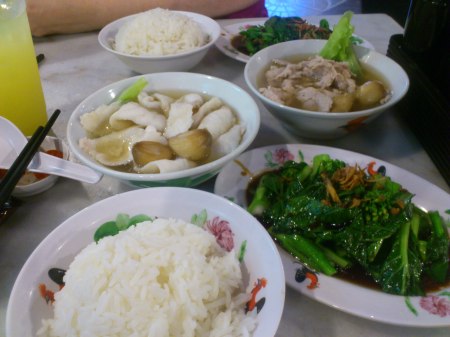 rice, greens, fish soup, pork soup