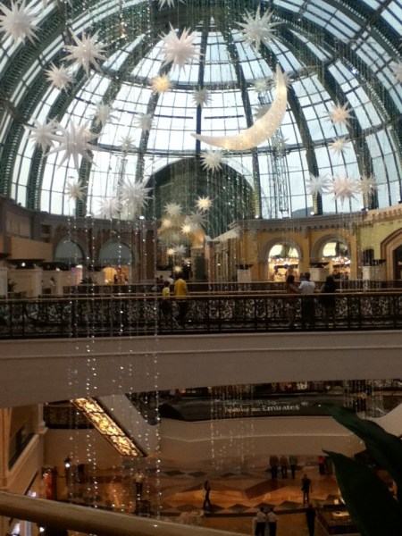 decorated atrium, lights, stars and crescent moon