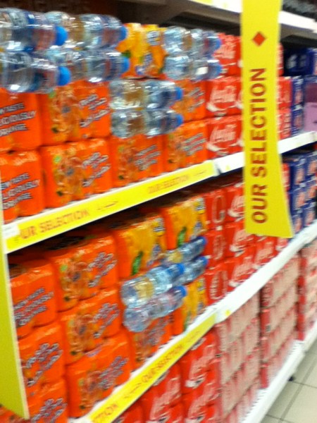 water bottles taped to soda cans