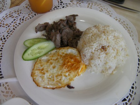 Tapsilog egg, garlic rice, beef
