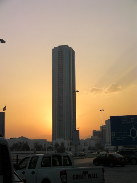 Sunset One Fujairah Tower backed by the sunset