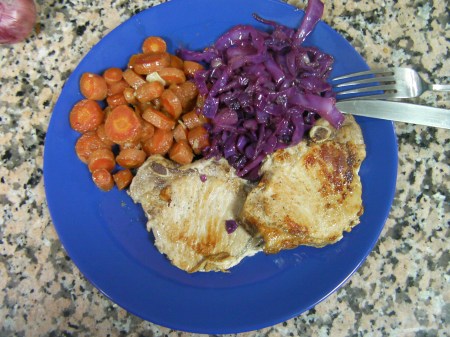 pork chops, gingered carrots, red cabbage